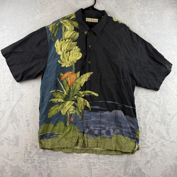 Tommy Bahama Shirt Mens Large Black Silk Hawaiian Floral Banana Button Up - Picture 2 of 10